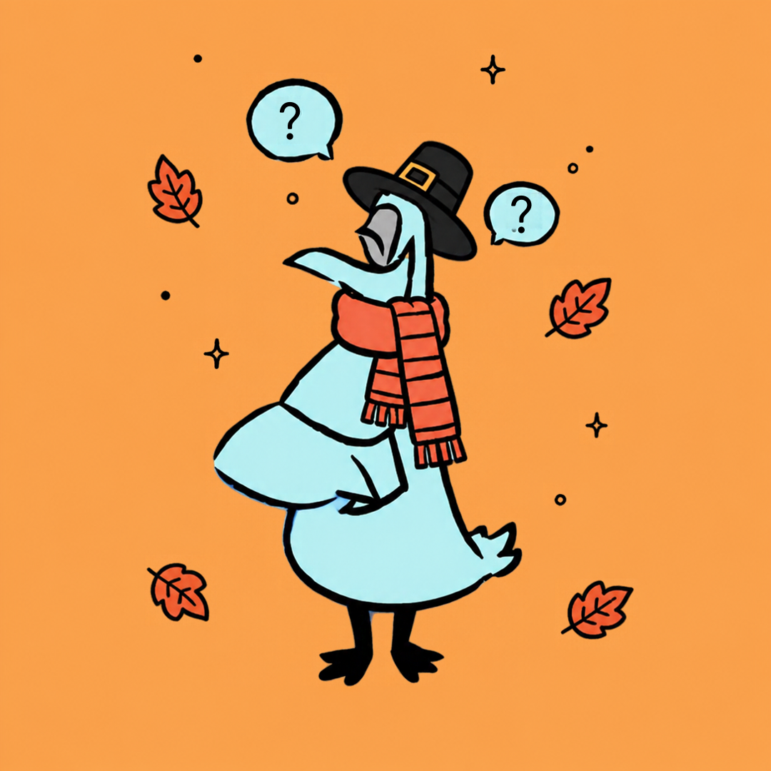 Cartoon goose in a pilgrim hat and scarf, surrounded by question marks and autumn leaves