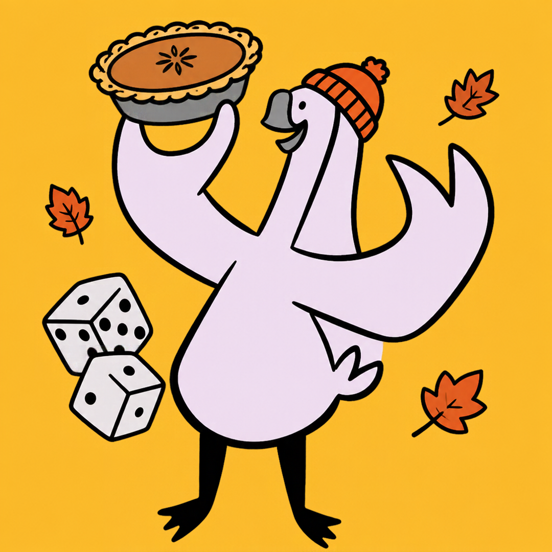Cartoon goose in a knit hat holding up a pie, with dice and autumn leaves