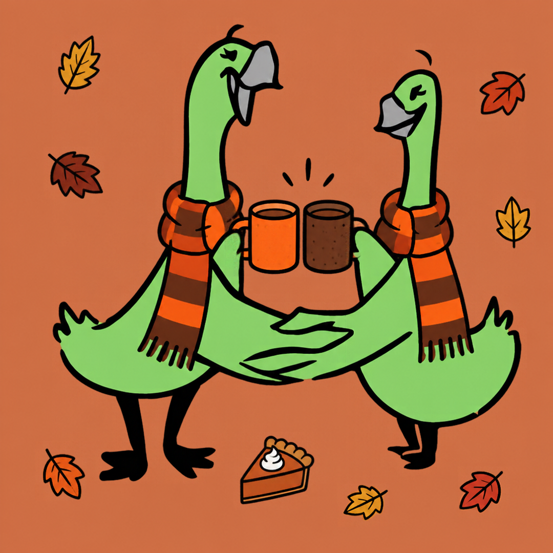 Two cartoon geese in matching scarves sharing warm drinks, with a slice of pie and autumn leaves